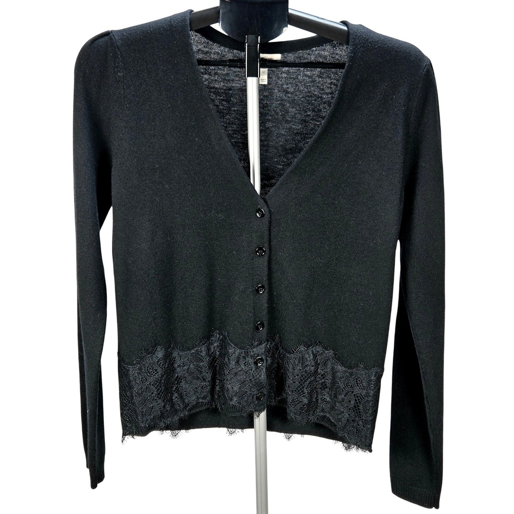 Women's Joie Medium Black Wool Cashmere Lace Trim Cardigan Sweater Dark Romantic